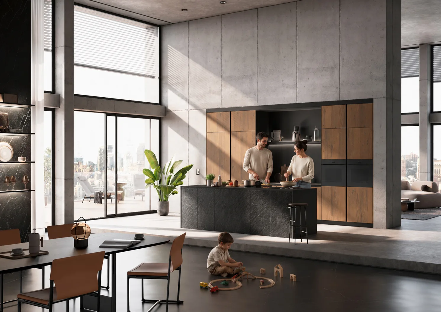 Cuisine noire et bois sur mesure MH Cuisines dans un grand espace lumineux